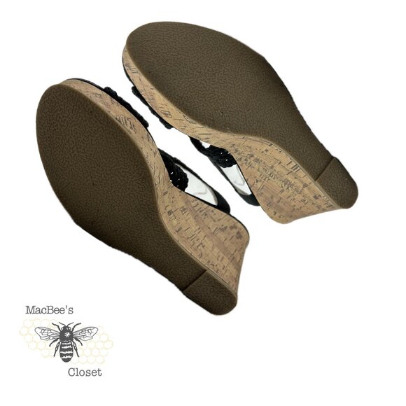 SO Taffy Wedge Heel Sandals Women's Woven Peep Toe With Cork Heel Size 8.5 Black - Picture 12 of 14